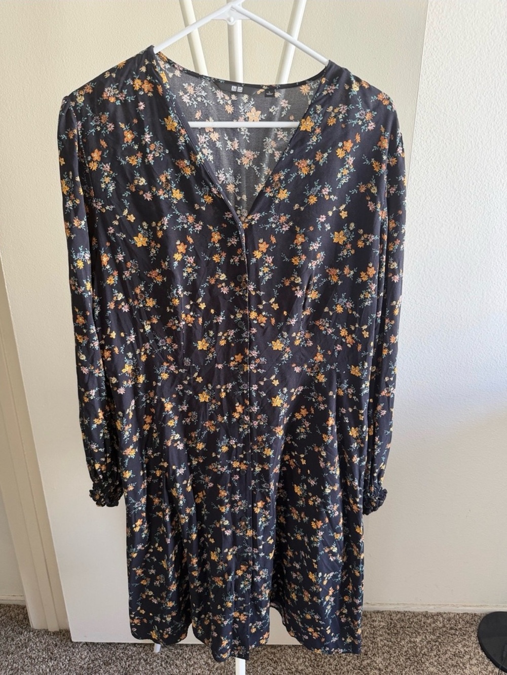 Uniqlo Black Floral V-Neck Long Sleeve Dress with Mustard & Light Blue Accents
